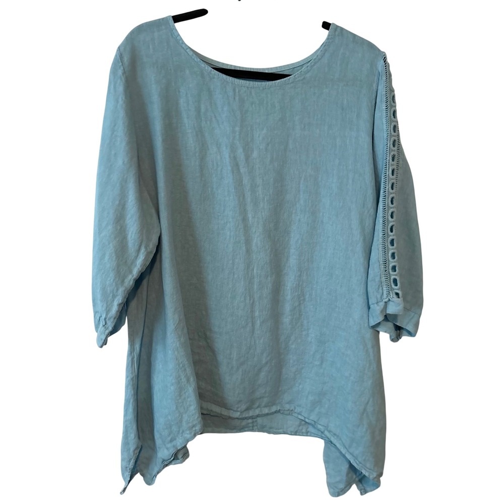 Valentina Naldi Robins Egg Blue Linen Top with Lattice Detailing in Size 1X